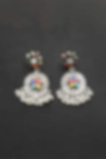 White Finish Kundan Polki & Navratna Pearl Temple Dangler Earrings In Sterling Silver by Mero at Pernia's Pop Up Shop