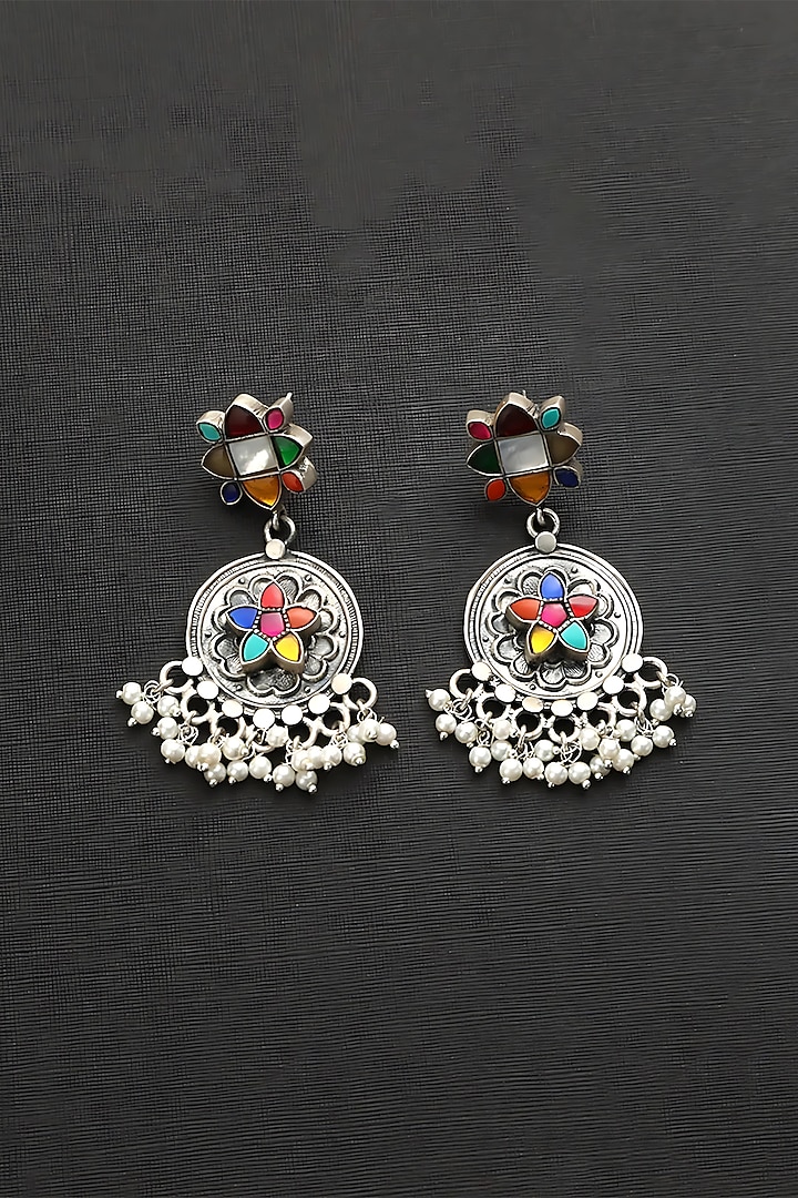 White Finish Kundan Polki & Navratna Pearl Temple Dangler Earrings In Sterling Silver by Mero at Pernia's Pop Up Shop