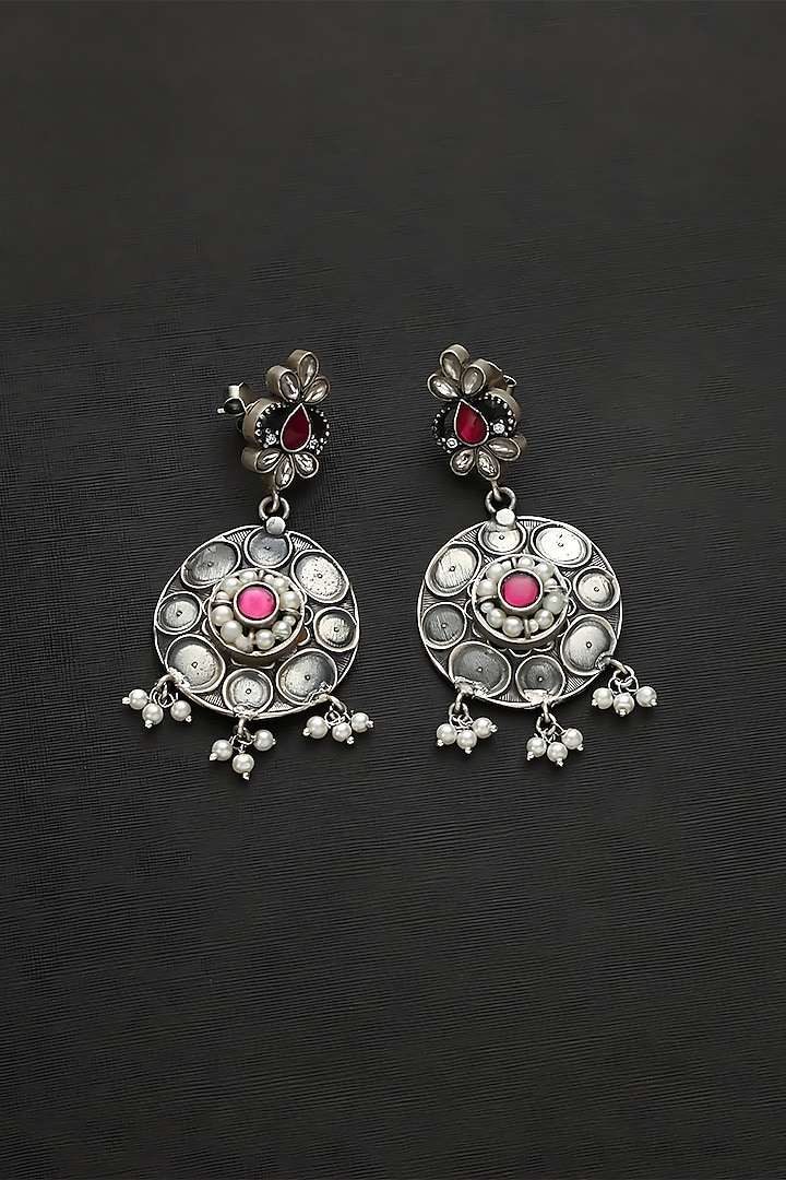 White Finish Pink Kundan Polki & Pearl Temple Dangler Earrings In Sterling Silver by Mero at Pernia's Pop Up Shop