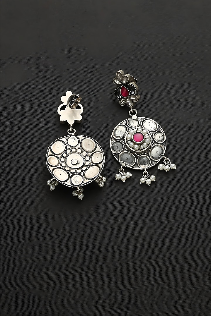 White Finish Pink Kundan Polki & Pearl Temple Dangler Earrings In Sterling Silver by Mero at Pernia's Pop Up Shop