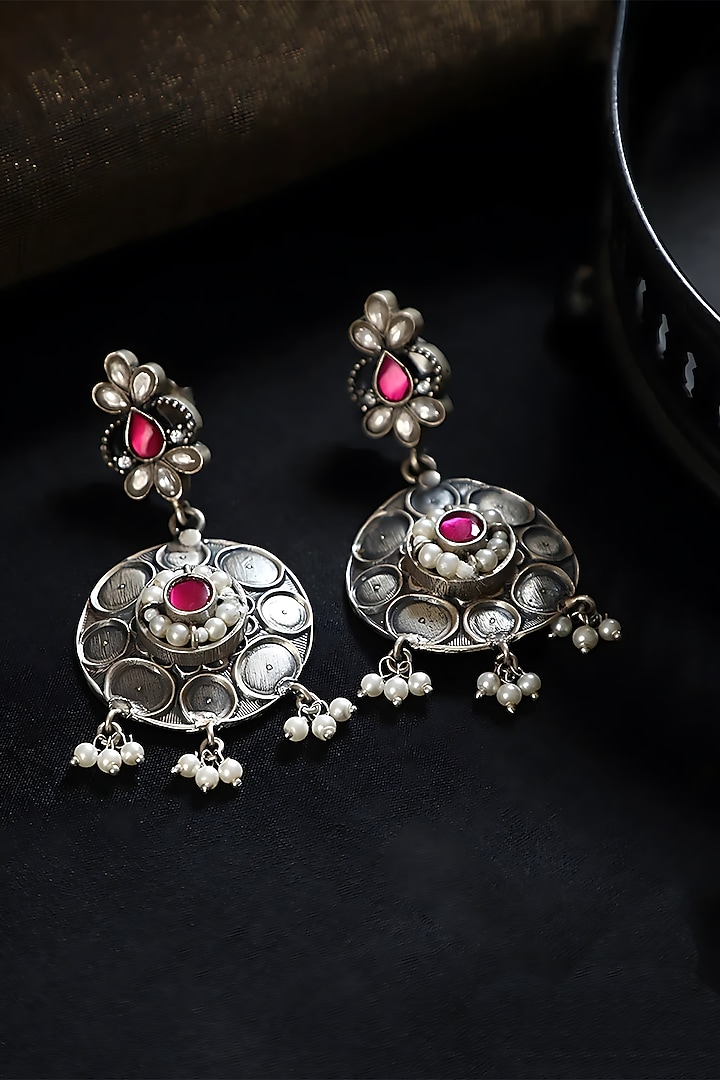 White Finish Pink Kundan Polki & Pearl Temple Dangler Earrings In Sterling Silver by Mero at Pernia's Pop Up Shop