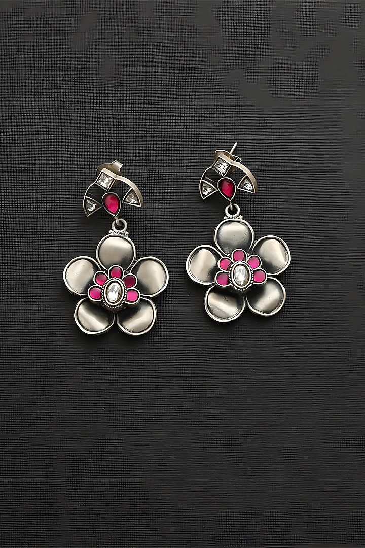 White Finish Pink Kundan Polki Temple Floral Earrings In Sterling Silver by Mero at Pernia's Pop Up Shop