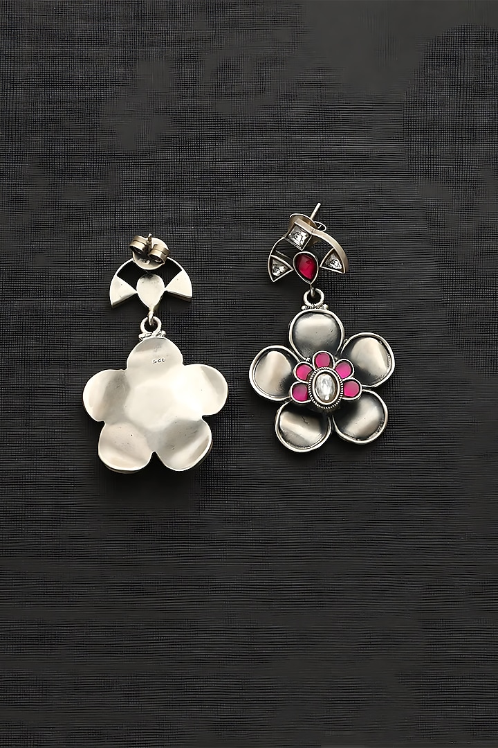 White Finish Pink Kundan Polki Temple Floral Earrings In Sterling Silver by Mero at Pernia's Pop Up Shop