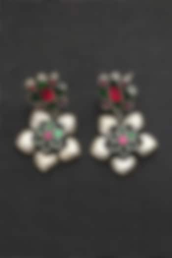 White Finish Pink & Green Kundan Polki Temple Floral Earrings In Sterling Silver by Mero at Pernia's Pop Up Shop
