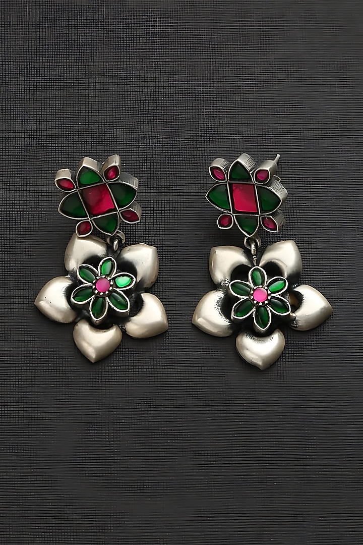 White Finish Pink & Green Kundan Polki Temple Floral Earrings In Sterling Silver by Mero at Pernia's Pop Up Shop