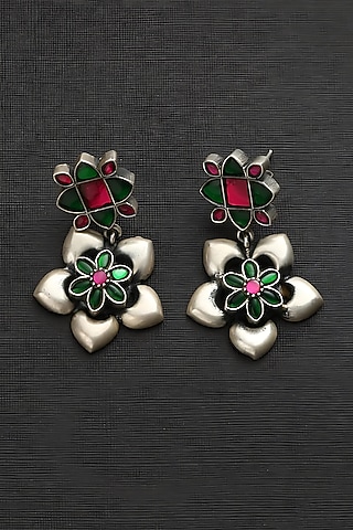 White Finish Pink & Green Kundan Polki Temple Floral Earrings In Sterling Silver by Mero
