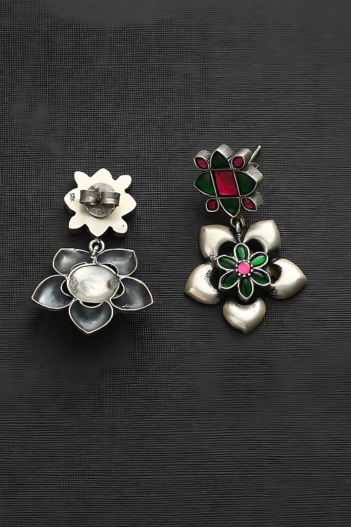 White Finish Pink & Green Kundan Polki Temple Floral Earrings In Sterling Silver by Mero at Pernia's Pop Up Shop