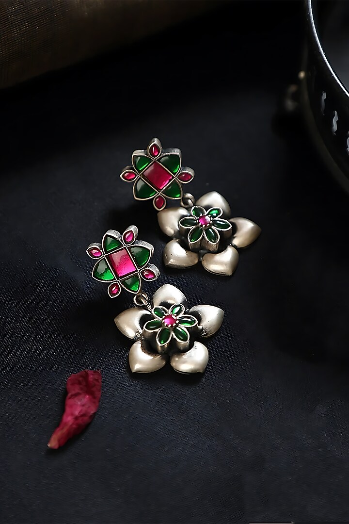 White Finish Pink & Green Kundan Polki Temple Floral Earrings In Sterling Silver by Mero at Pernia's Pop Up Shop