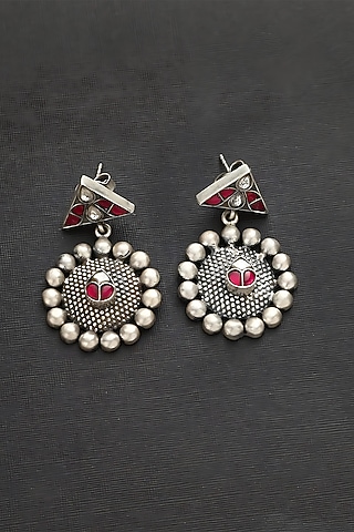 White Finish Pink Kundan Polki Temple Earrings In Sterling Silver by Mero