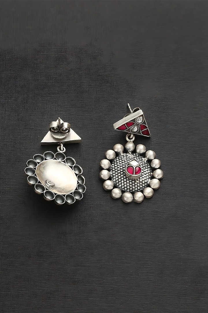 White Finish Pink Kundan Polki Temple Earrings In Sterling Silver by Mero at Pernia's Pop Up Shop