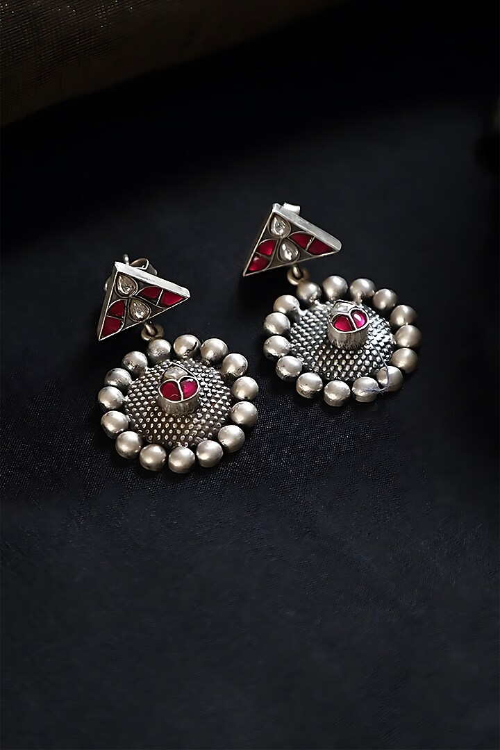 White Finish Pink Kundan Polki Temple Earrings In Sterling Silver by Mero at Pernia's Pop Up Shop