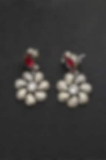 White Finish Red Kundan Polki Temple Bird & Floral Earrings In Sterling Silver by Mero at Pernia's Pop Up Shop