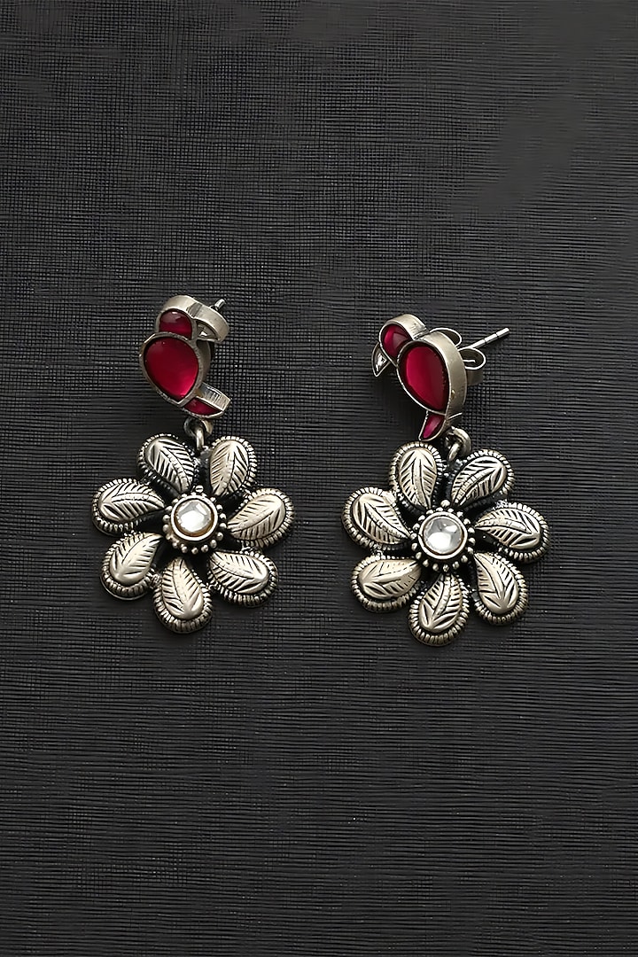 White Finish Red Kundan Polki Temple Bird & Floral Earrings In Sterling Silver by Mero at Pernia's Pop Up Shop