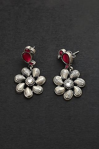 White Finish Red Kundan Polki Temple Bird & Floral Earrings In Sterling Silver by Mero
