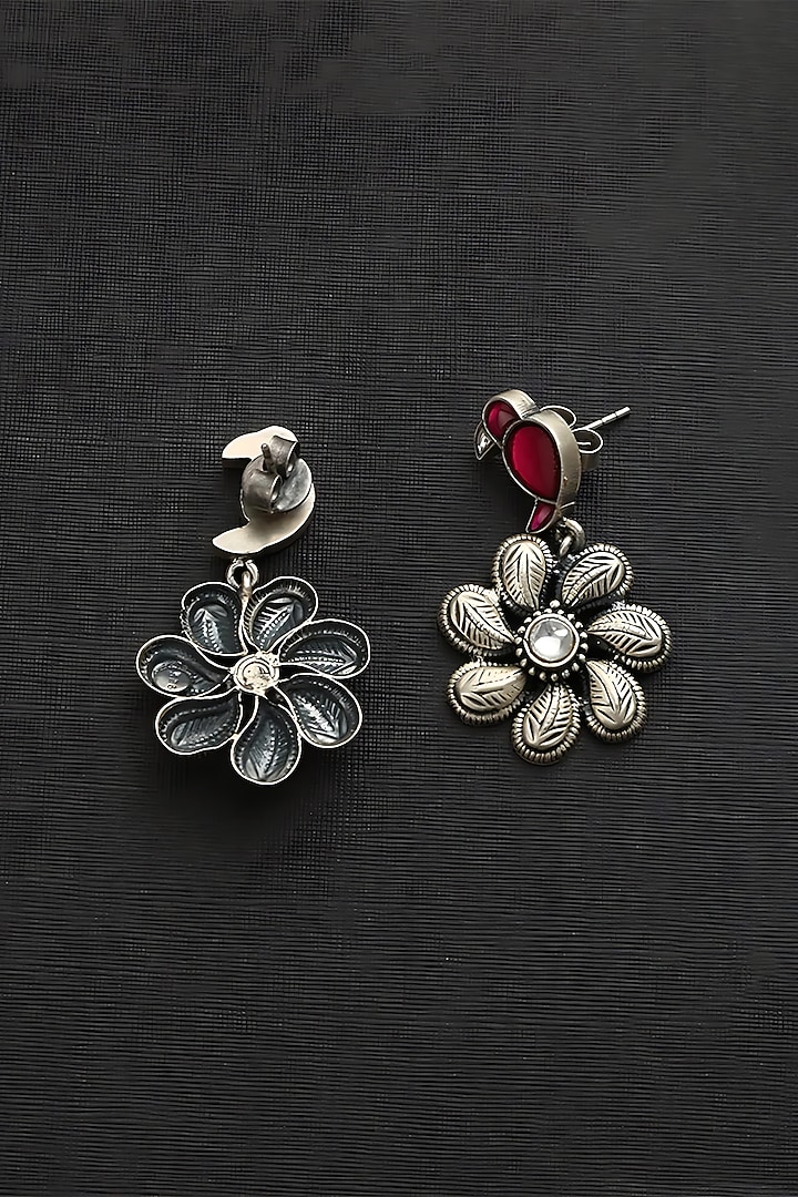 White Finish Red Kundan Polki Temple Bird & Floral Earrings In Sterling Silver by Mero at Pernia's Pop Up Shop