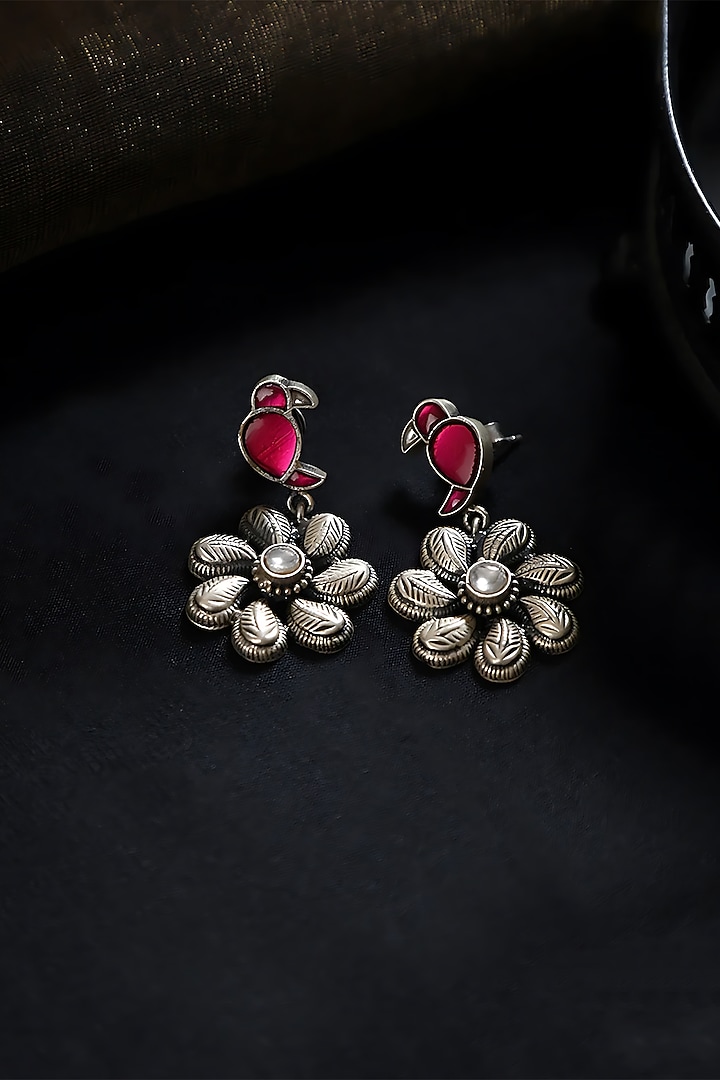White Finish Red Kundan Polki Temple Bird & Floral Earrings In Sterling Silver by Mero at Pernia's Pop Up Shop