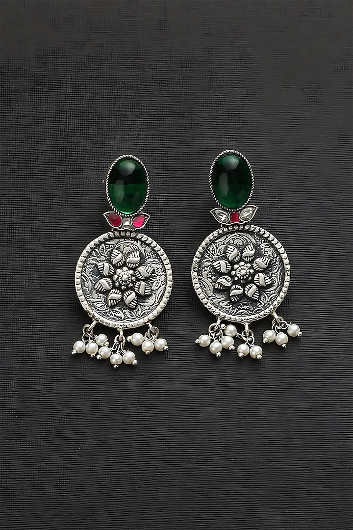 White Finish Green Kundan Polki & Pearl Temple Drop Earrings In Sterling Silver by Mero at Pernia's Pop Up Shop