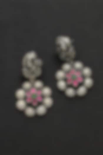 White Finish Pink Kundan Polki Peacock Floral Temple Earrings In Sterling Silver by Mero at Pernia's Pop Up Shop
