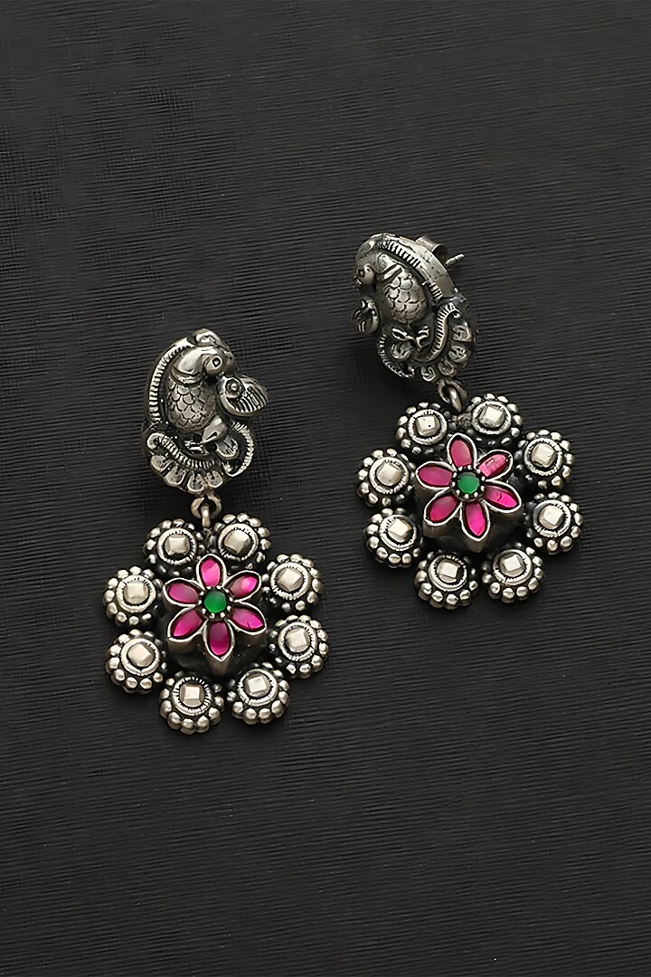 White Finish Pink Kundan Polki Peacock Floral Temple Earrings In Sterling Silver by Mero at Pernia's Pop Up Shop