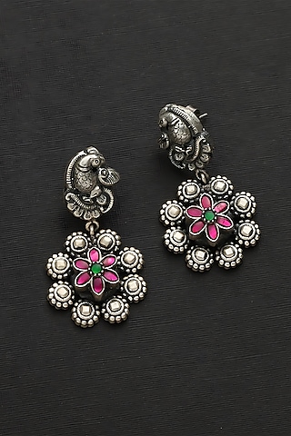 White Finish Pink Kundan Polki Peacock Floral Temple Earrings In Sterling Silver by Mero