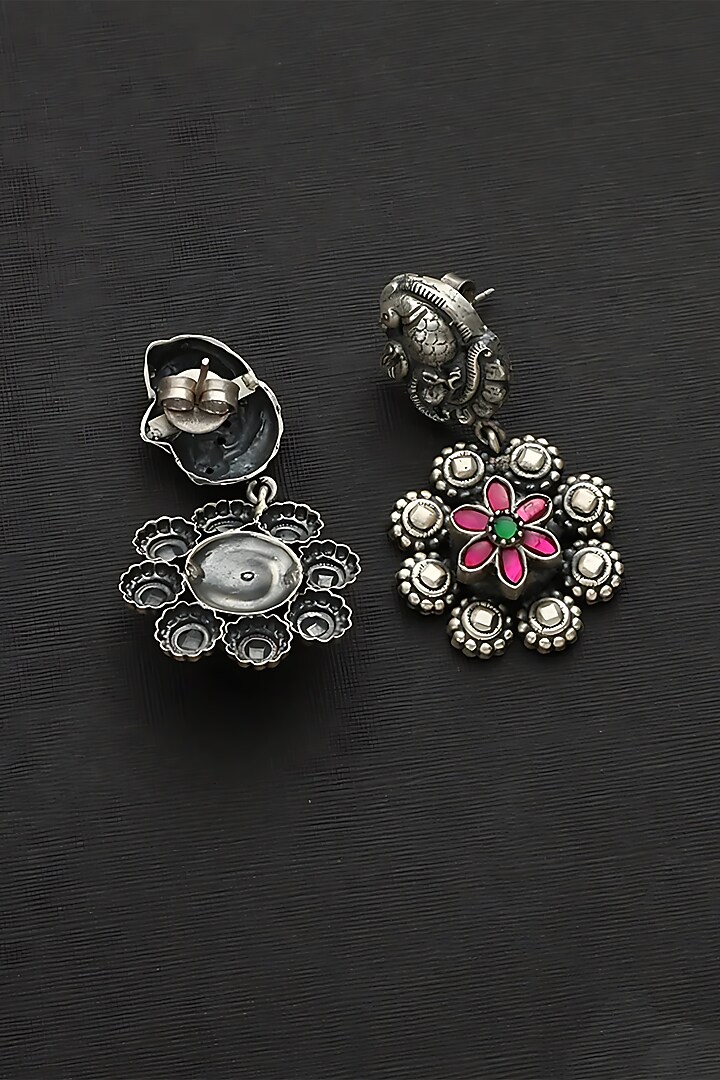White Finish Pink Kundan Polki Peacock Floral Temple Earrings In Sterling Silver by Mero at Pernia's Pop Up Shop