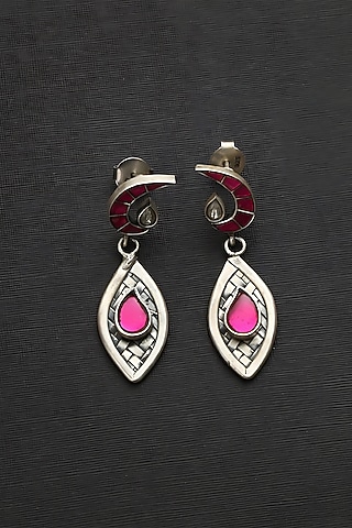 White Finish Pink Kundan Polki Temple Dangler Earrings In Sterling Silver by Mero