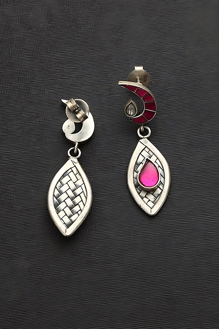 White Finish Pink Kundan Polki Temple Dangler Earrings In Sterling Silver by Mero at Pernia's Pop Up Shop