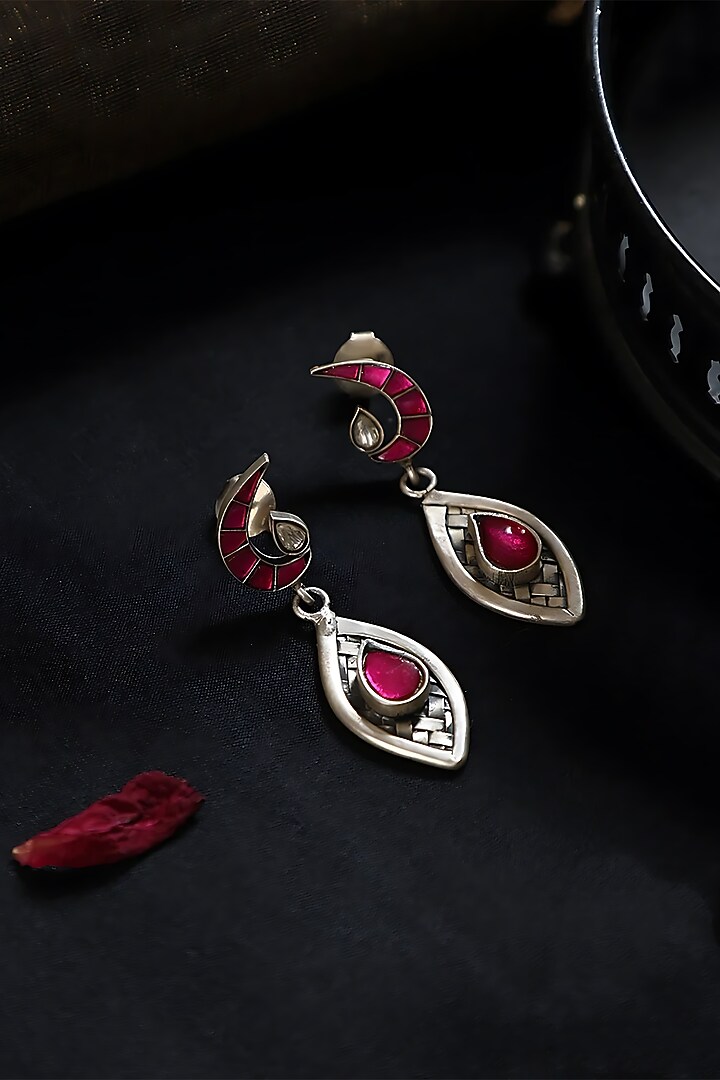White Finish Pink Kundan Polki Temple Dangler Earrings In Sterling Silver by Mero at Pernia's Pop Up Shop