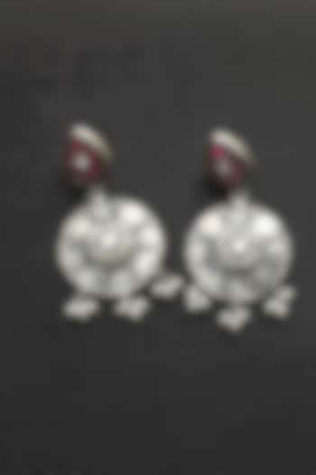 White Finish Pink Kundan Polki Temple Floral Earrings In Sterling Silver by Mero at Pernia's Pop Up Shop