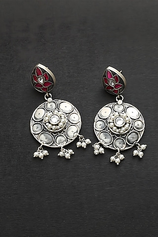 White Finish Pink Kundan Polki Temple Floral Earrings In Sterling Silver by Mero