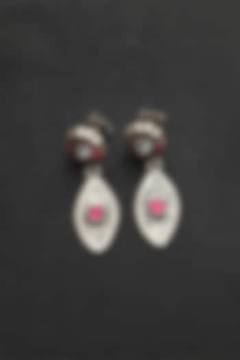 White Finish Pink Kundan Polki Temple Heart Earrings In Sterling Silver by Mero at Pernia's Pop Up Shop