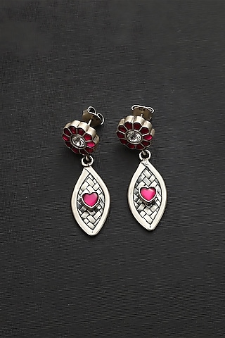 White Finish Pink Kundan Polki Temple Heart Earrings In Sterling Silver by Mero