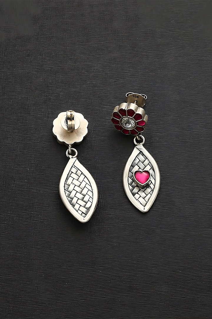 White Finish Pink Kundan Polki Temple Heart Earrings In Sterling Silver by Mero at Pernia's Pop Up Shop