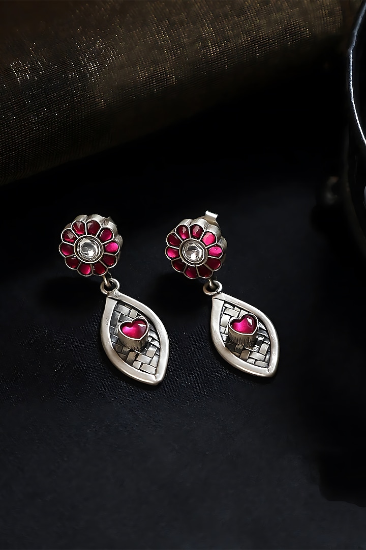 White Finish Pink Kundan Polki Temple Heart Earrings In Sterling Silver by Mero at Pernia's Pop Up Shop