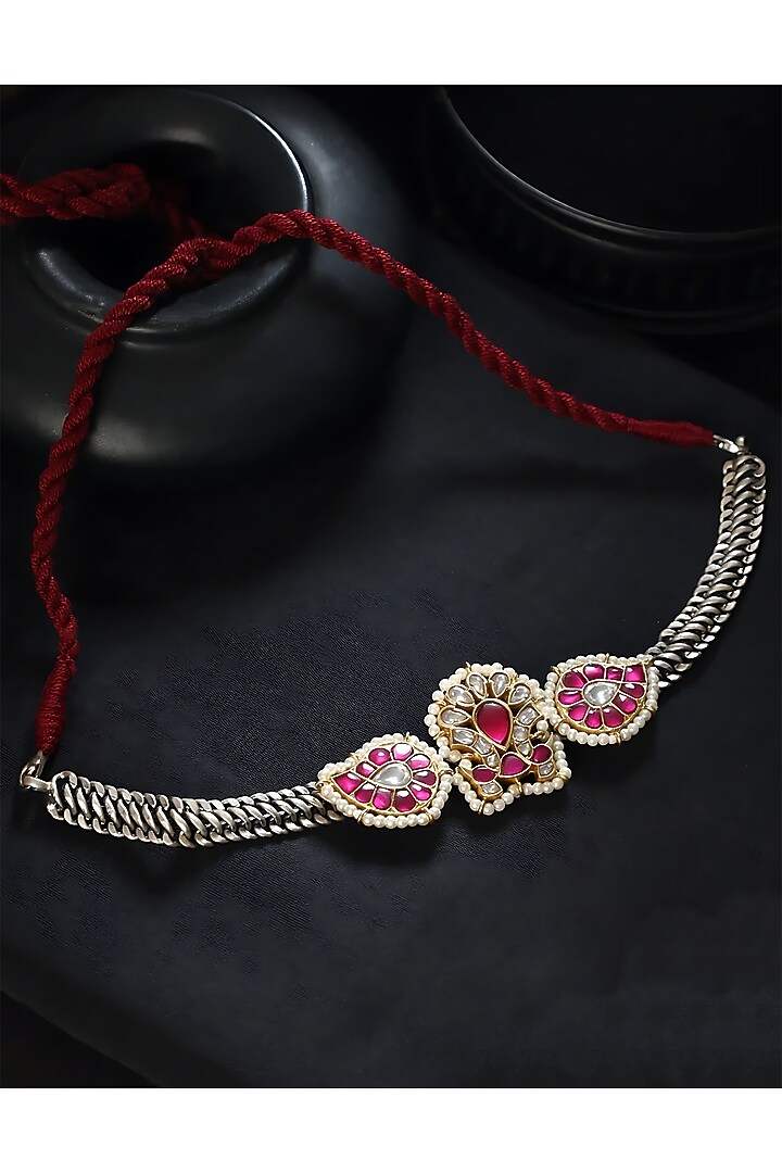 Two-Tone Finish Pink Kundan Polki Temple Choker Necklace In Sterling Silver by Mero at Pernia's Pop Up Shop