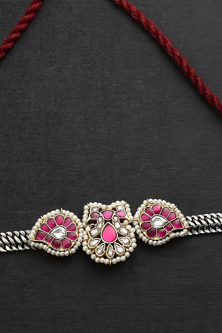 Two-Tone Finish Pink Kundan Polki Temple Choker Necklace In Sterling Silver by Mero at Pernia's Pop Up Shop