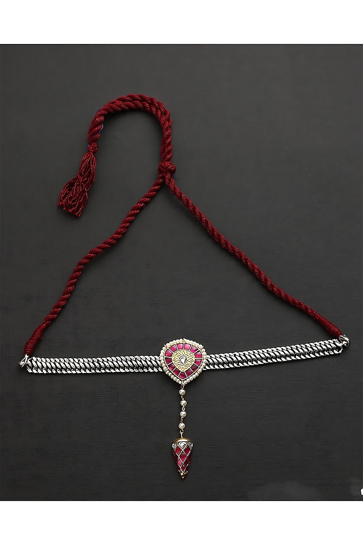 Two-Tone Finish Pink Kundan Polki Temple Choker Necklace In Sterling Silver by Mero at Pernia's Pop Up Shop