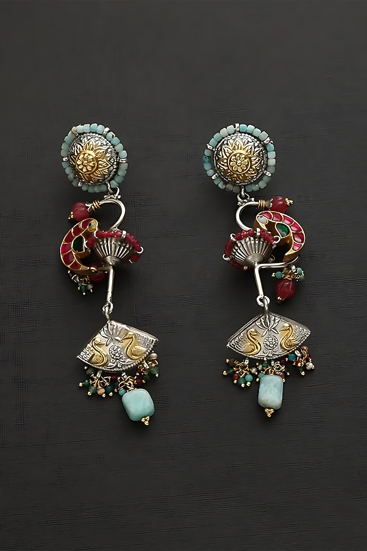 Two Tone Finish Multi-Colored Stone & Kundan Polki Temple Earrings In Sterling Silver by Mero at Pernia's Pop Up Shop
