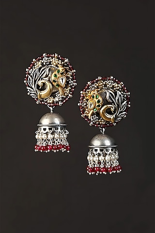Two Tone Finish Multi-Colored Stone & Kundan Polki Temple Jhumka Earrings In Sterling Silver by Mero