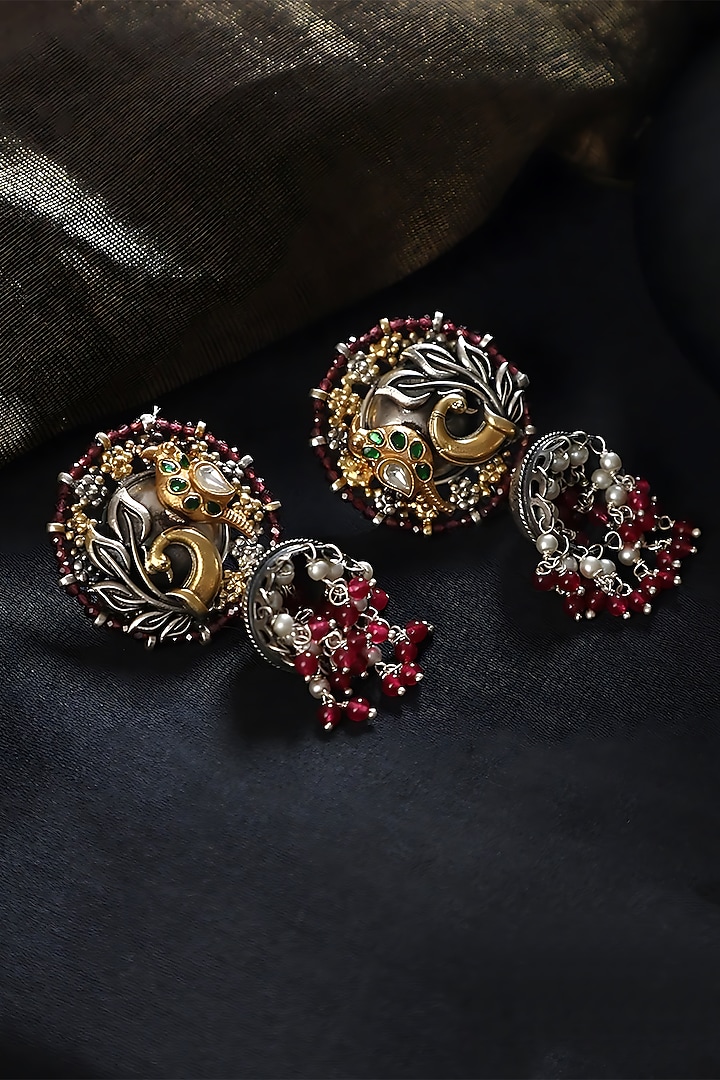 Two Tone Finish Multi-Colored Stone & Kundan Polki Temple Jhumka Earrings In Sterling Silver by Mero at Pernia's Pop Up Shop