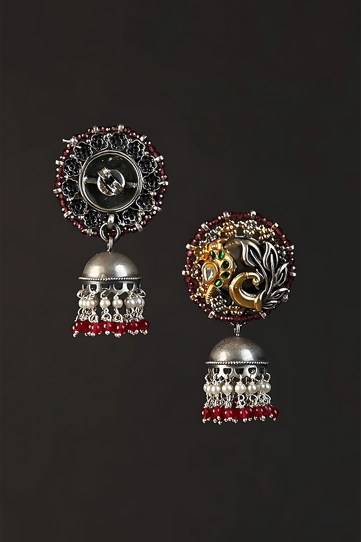 Two Tone Finish Multi-Colored Stone & Kundan Polki Temple Jhumka Earrings In Sterling Silver by Mero at Pernia's Pop Up Shop