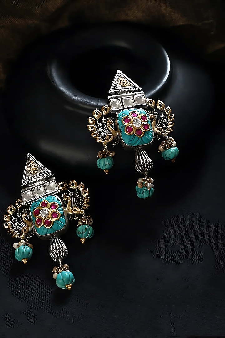 Two Tone Finish Multi-Colored Stone & Kundan Polki Temple Earrings In Sterling Silver by Mero at Pernia's Pop Up Shop