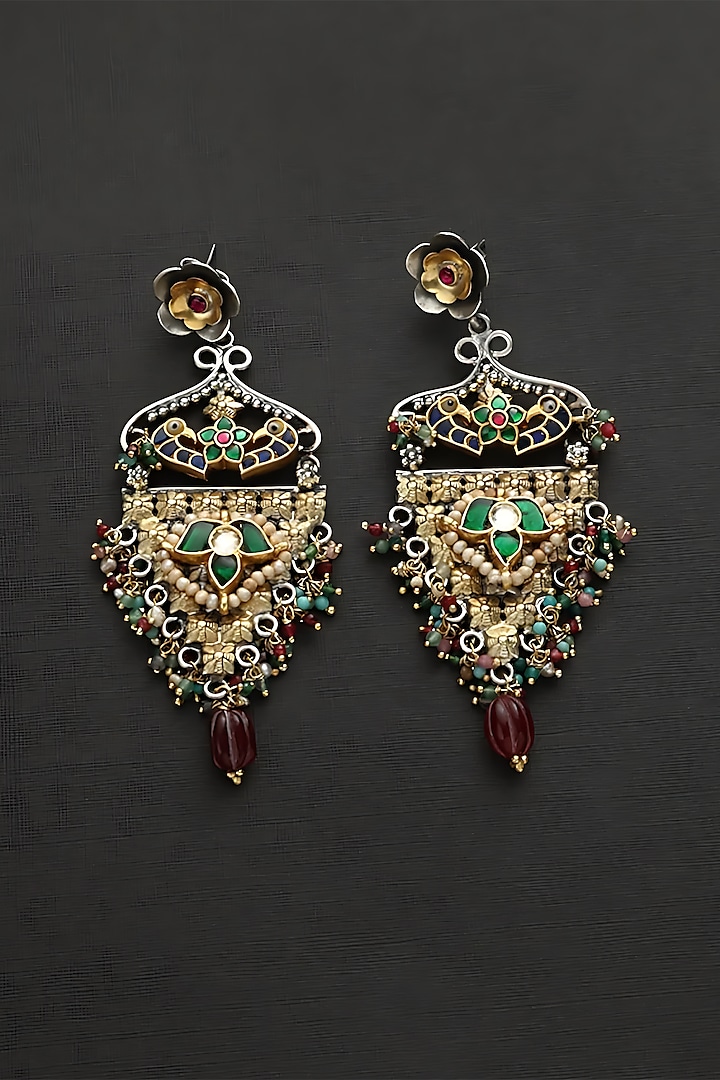 Two Tone Finish Multi-Colored Stone & Kundan Polki Temple Dangler Earrings In Sterling Silver by Mero at Pernia's Pop Up Shop