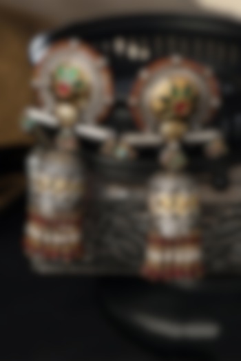 Two Tone Finish Multi-Colored Stone & Kundan Polki Temple Jhumka Earrings In Sterling Silver by Mero at Pernia's Pop Up Shop