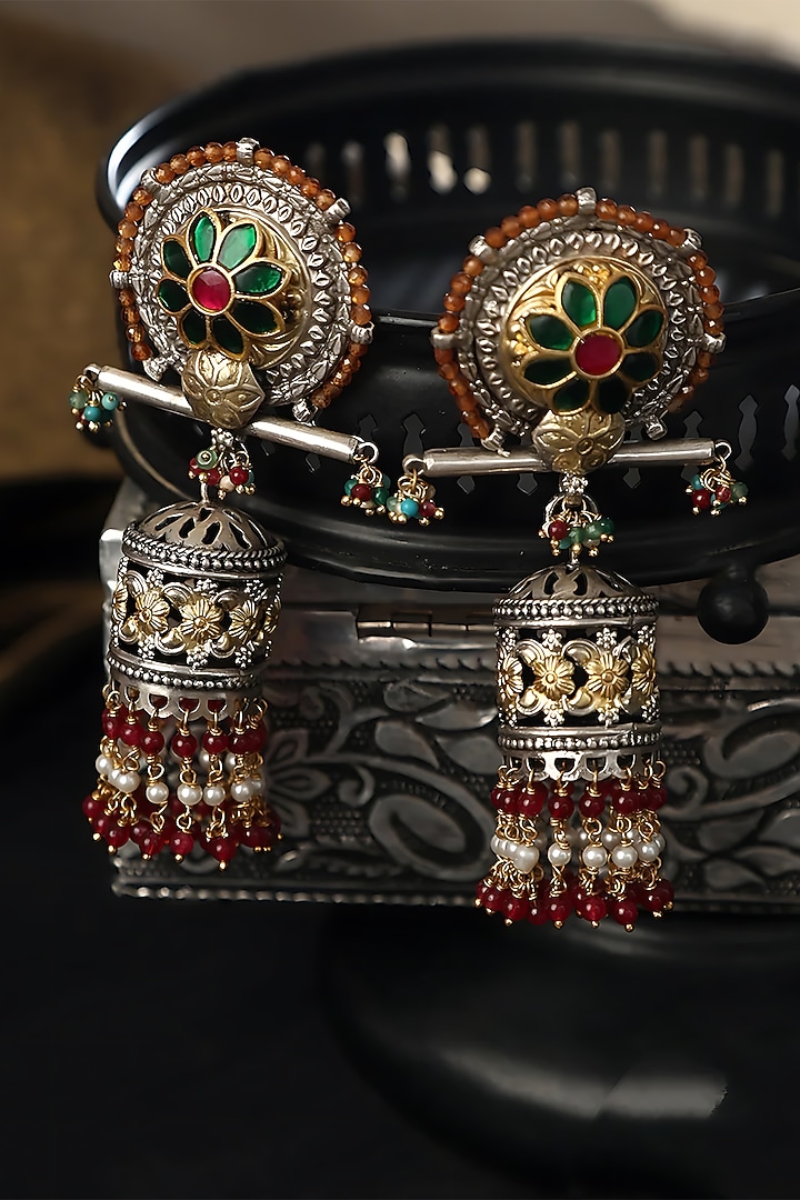 Two Tone Finish Multi-Colored Stone & Kundan Polki Temple Jhumka Earrings In Sterling Silver by Mero at Pernia's Pop Up Shop