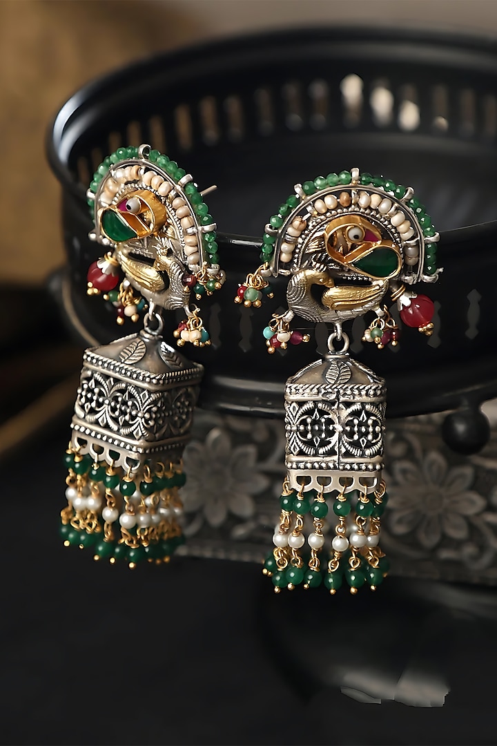 Two Tone Finish Multi-Colored Stone & Kundan Polki Temple Jhumka Earrings In Sterling Silver by Mero at Pernia's Pop Up Shop