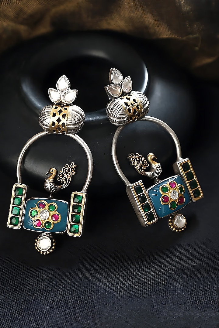 Two Tone Finish Multi-Colored Stone & Kundan Polki Bird Temple Earrings In Sterling Silver by Mero at Pernia's Pop Up Shop