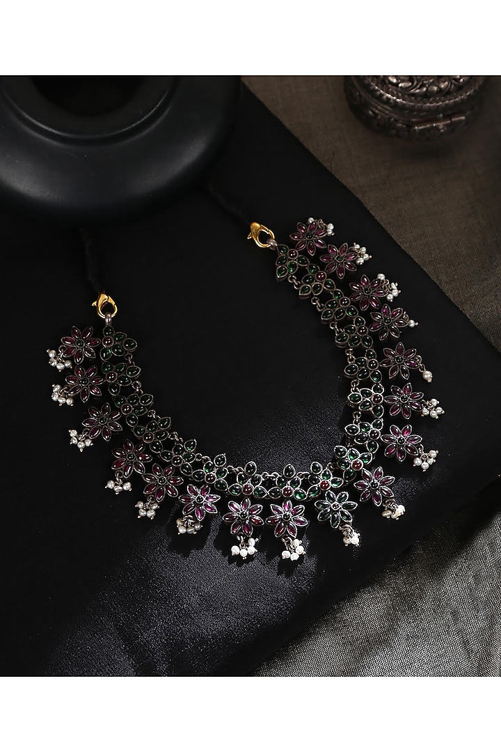 White Finish Red & Green Kempstone Tribal Necklace In Sterling Silver by Mero at Pernia's Pop Up Shop