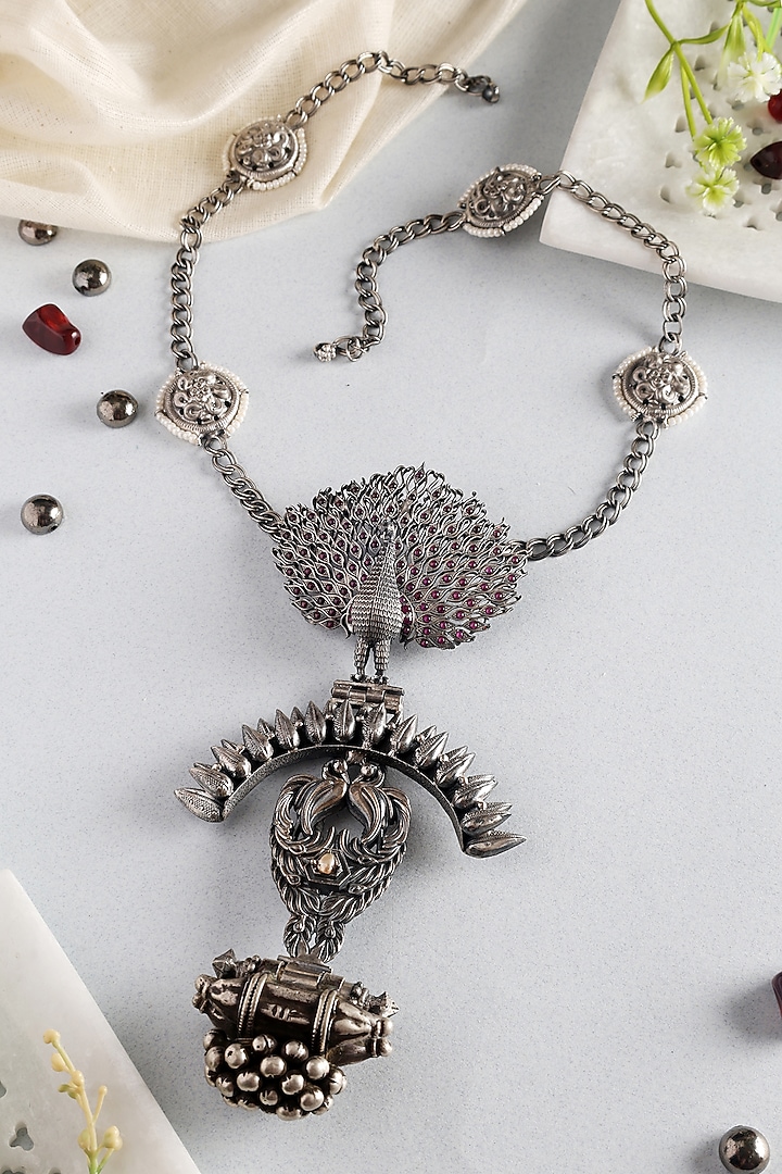 White Finish Temple Peacock Long Necklace In Sterling Silver by Mero at Pernia's Pop Up Shop