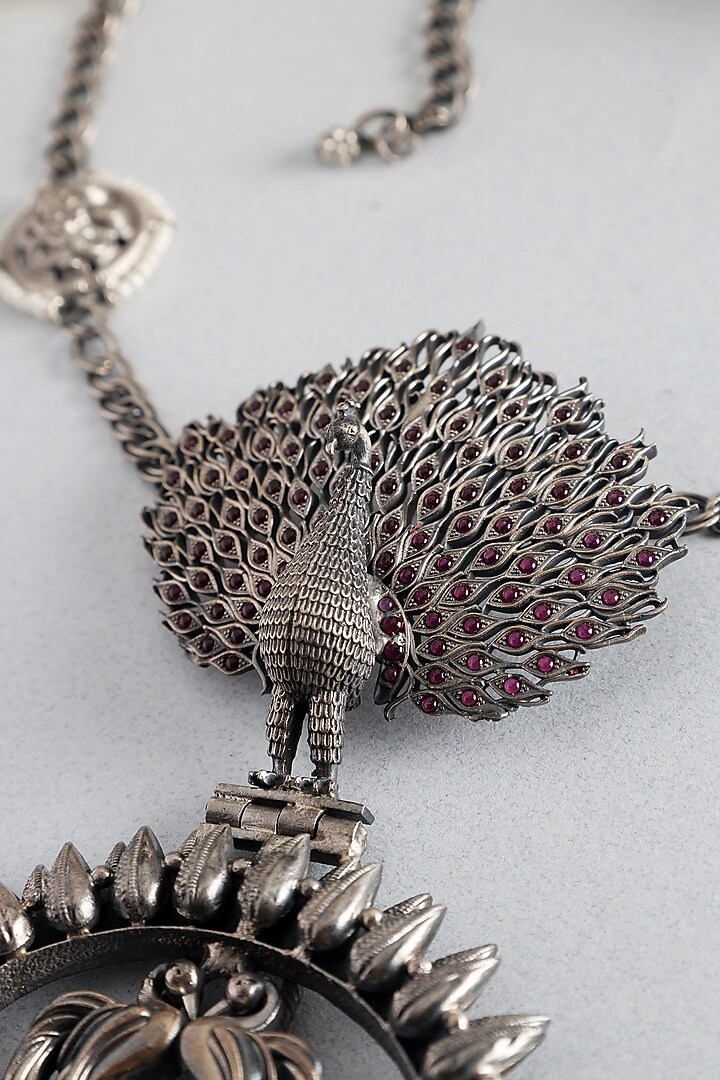 White Finish Temple Peacock Long Necklace In Sterling Silver by Mero at Pernia's Pop Up Shop